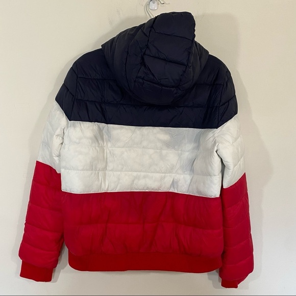 Tommy Hilfiger Color Block Navy Blue Red White Puffer Puffy Hoodie Short Coat - Picture 3 of 5